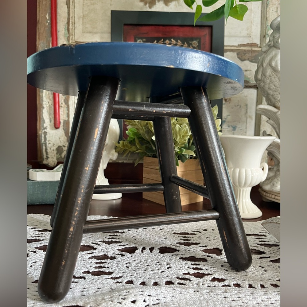 Rustic Blue and Black Wooden Stool - Picture 11 of 16